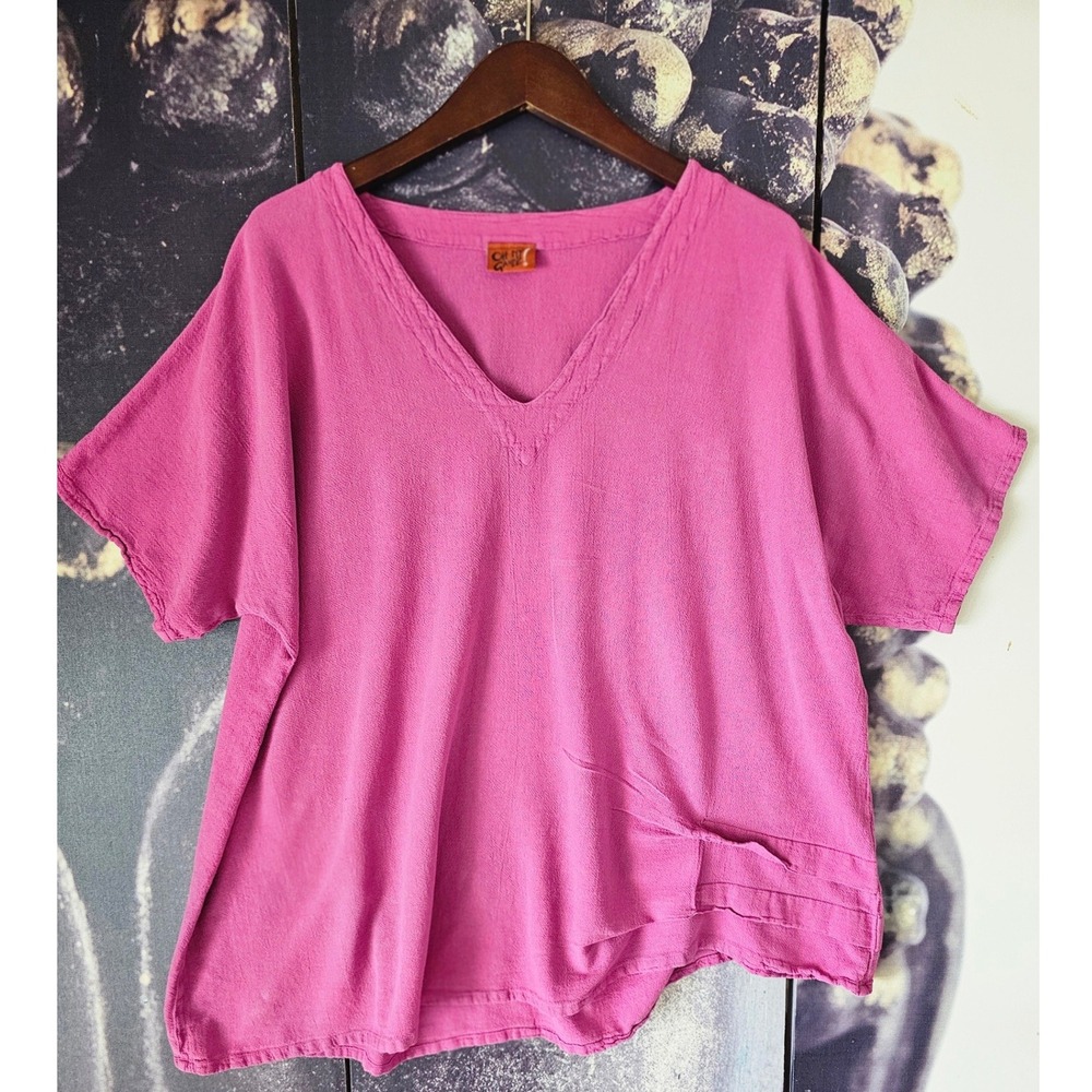 Oh My Gauze Pink Cotton V-Neck Asymmetrical Hem Tucked Detail Top Womens OS